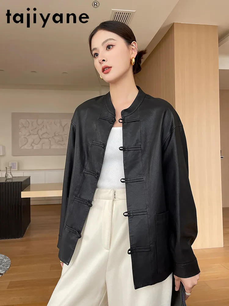 Jaquetas de Pele de Ovelha TAJIYANE, Casaco Estiloso com Botão em Nó, Jaqueta de Couro Genuíno para Mulheres, Roupas Femininas Outono 2025, дубленка женская