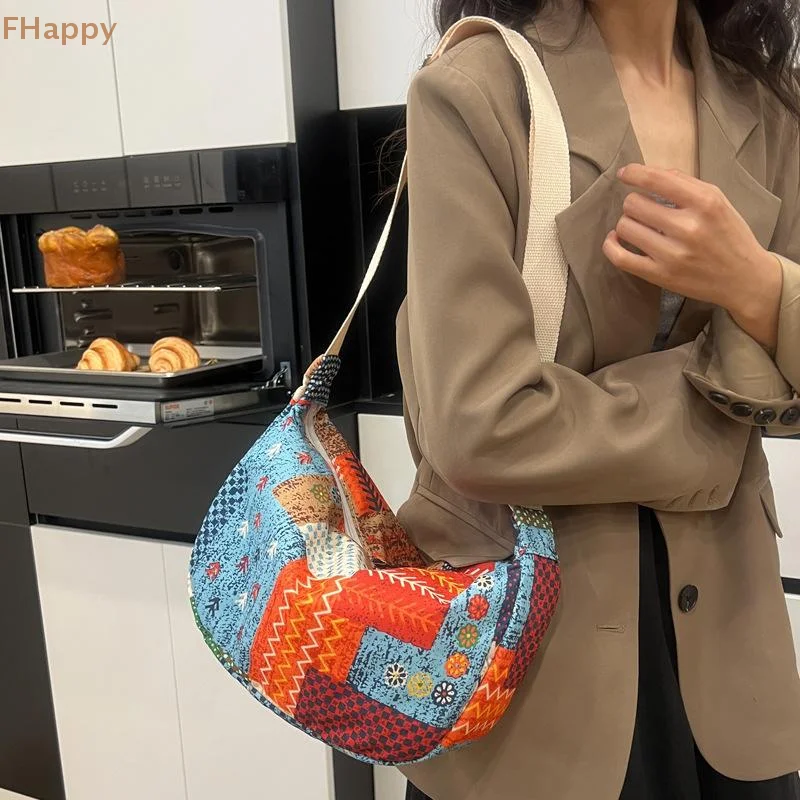 

Trendy Simple Ethnic Style Patchwork High Capacity Shoulder Bag Student Tote Bag Casual Crossbody Bag Women Fashion Commuter Bag