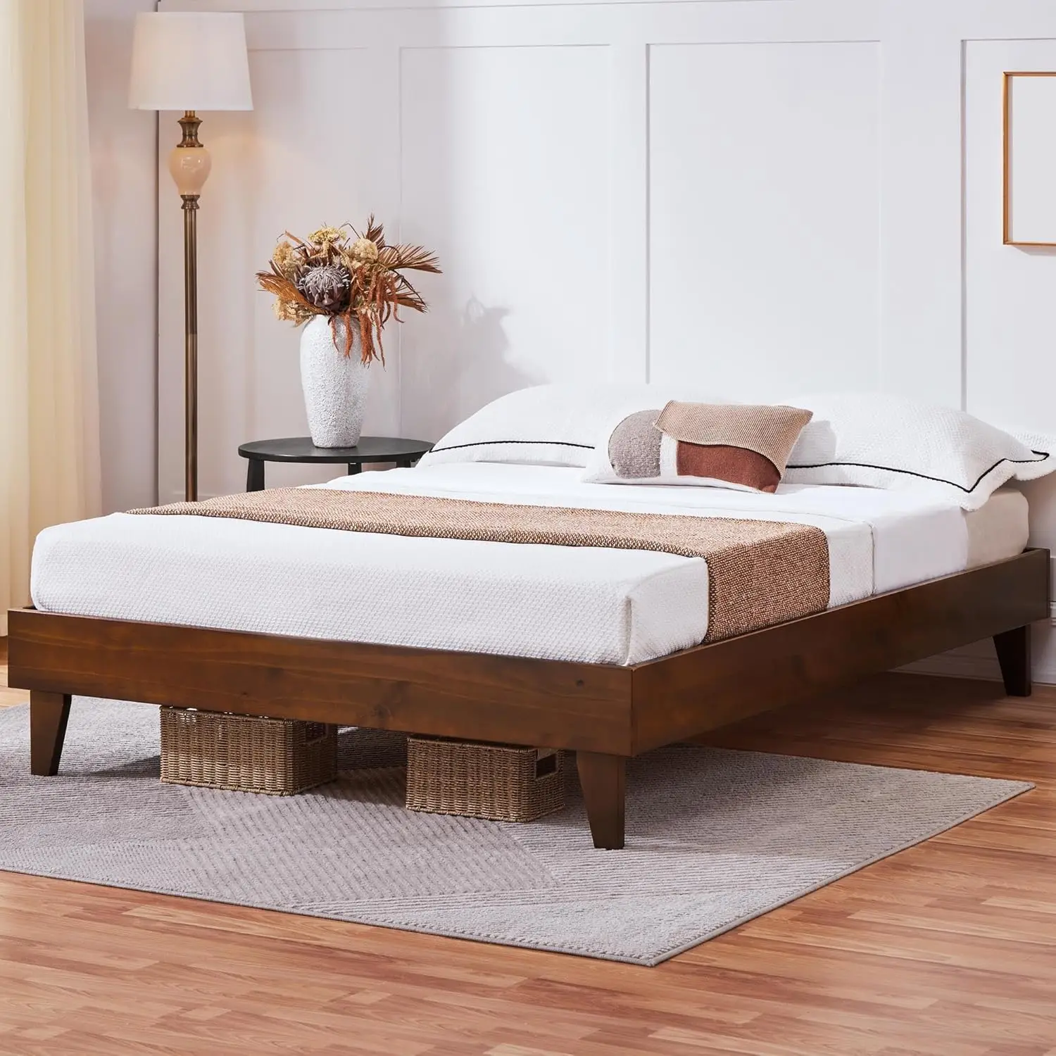 Comfort cornerQueen Solid Pine Wood Platform Bed Frame - Reserved Holes for Headboard,Wooden Slats SupportNo Noise,Easy Assembly