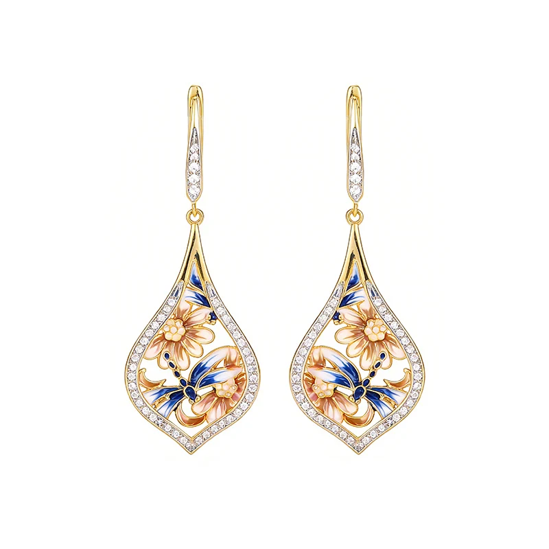 Huitan Gelbe Blume Blaue Libelle Emaille-Ohrhänger für Damen Ästhetische Braut-Hochzeits-Tropfenohrringe Luxuriöser Damenschmuck