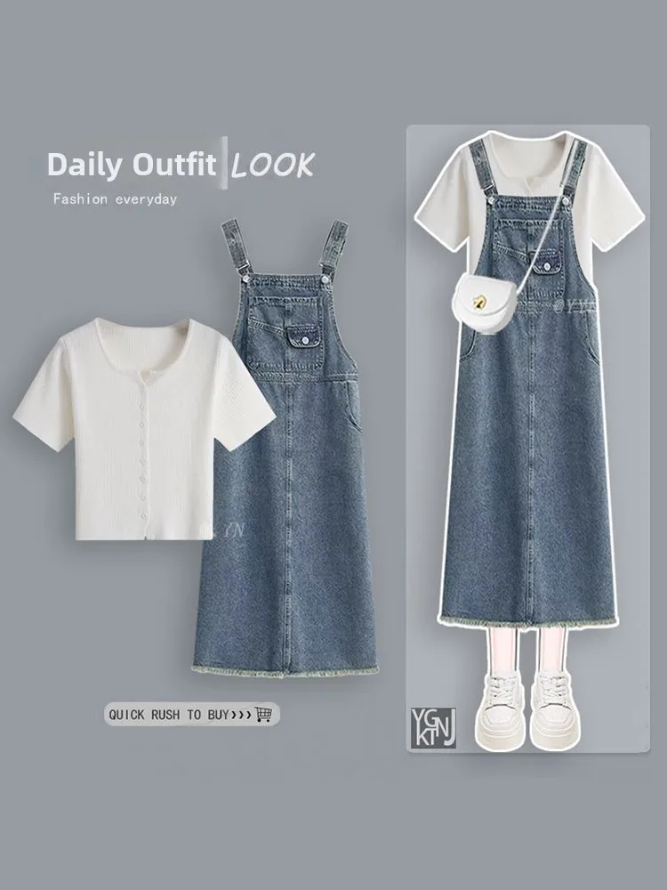 

Summer Anti-Aging Casual College Style Short Sleeve Top Korean Retro Slimming Denim Overalls Two-Piece Set Women's Clothing