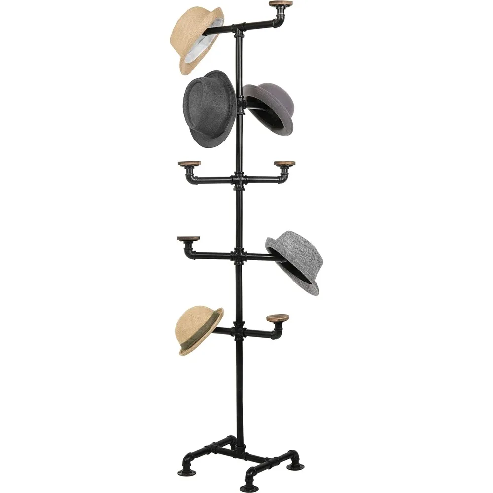 Industrial Black Metal Pipe Rack with 10 Round Rustic Burnt Wood Hat Hangers, Decorative Pipework Stand with Hooks，Furniture