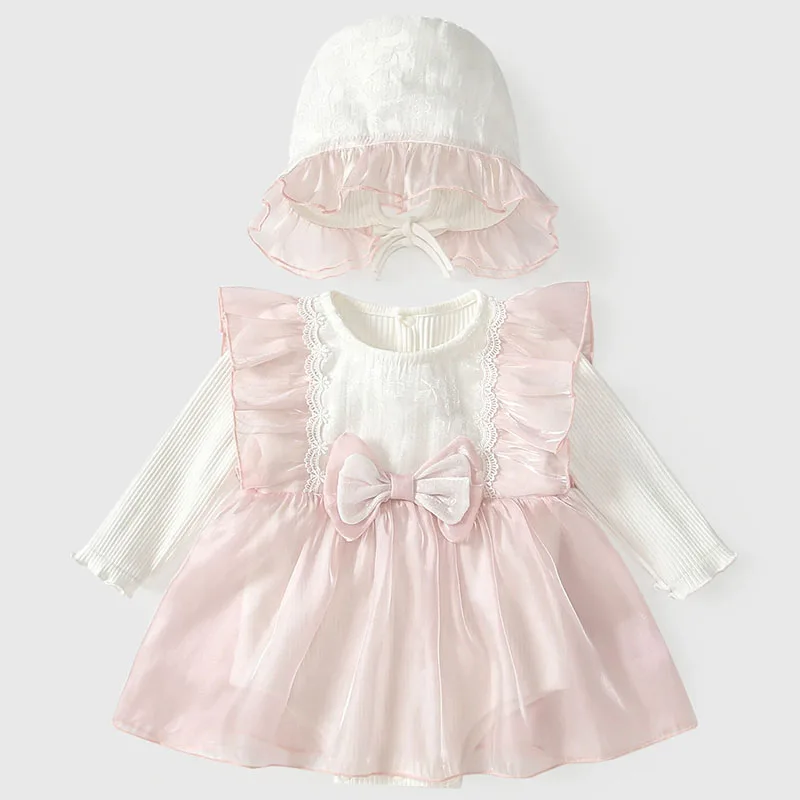 

Комплекты из 2 предметов, весенне-осенняя одежда для маленьких девочек, корейское милое сетчатое хлопковое платье с бантом и длинными рукавами, розовое платье для первого дня рождения, предметы для новорожденных B250