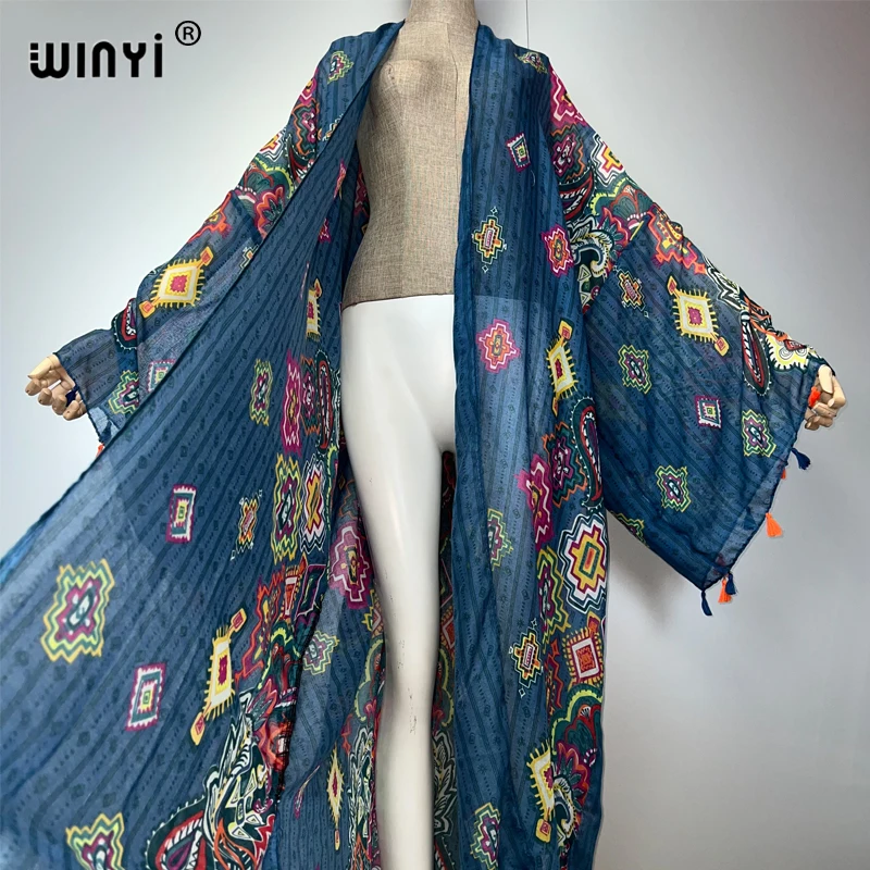 WINYI Boho Kimono Druck Frauen Mantel Lose Quasten Langes Kleid Strand Urlaub Schwimmen Cover Up Party Kleider Luxus Dubai Abaya