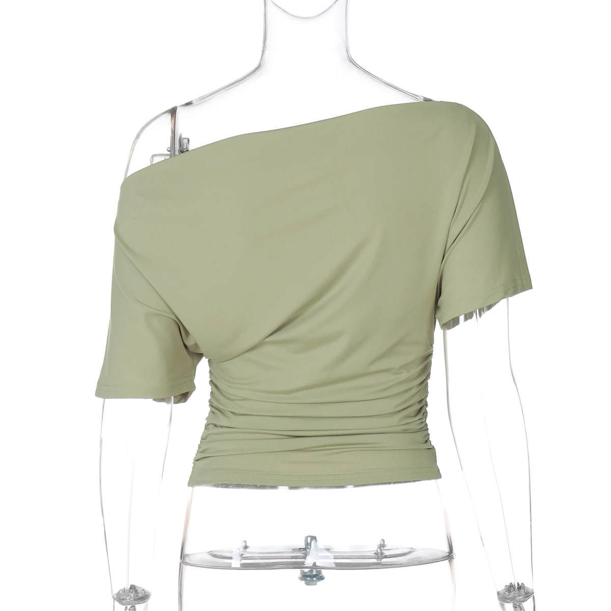 Hugcitar Modisches T-Shirt mit schrägem Kragen, kurzen Ärmeln, einfarbig, sexy, eng anliegend, kurz geschnitten, Damenkleidung, Streetwear, Party, Festival, T-Shirts – Detail 4