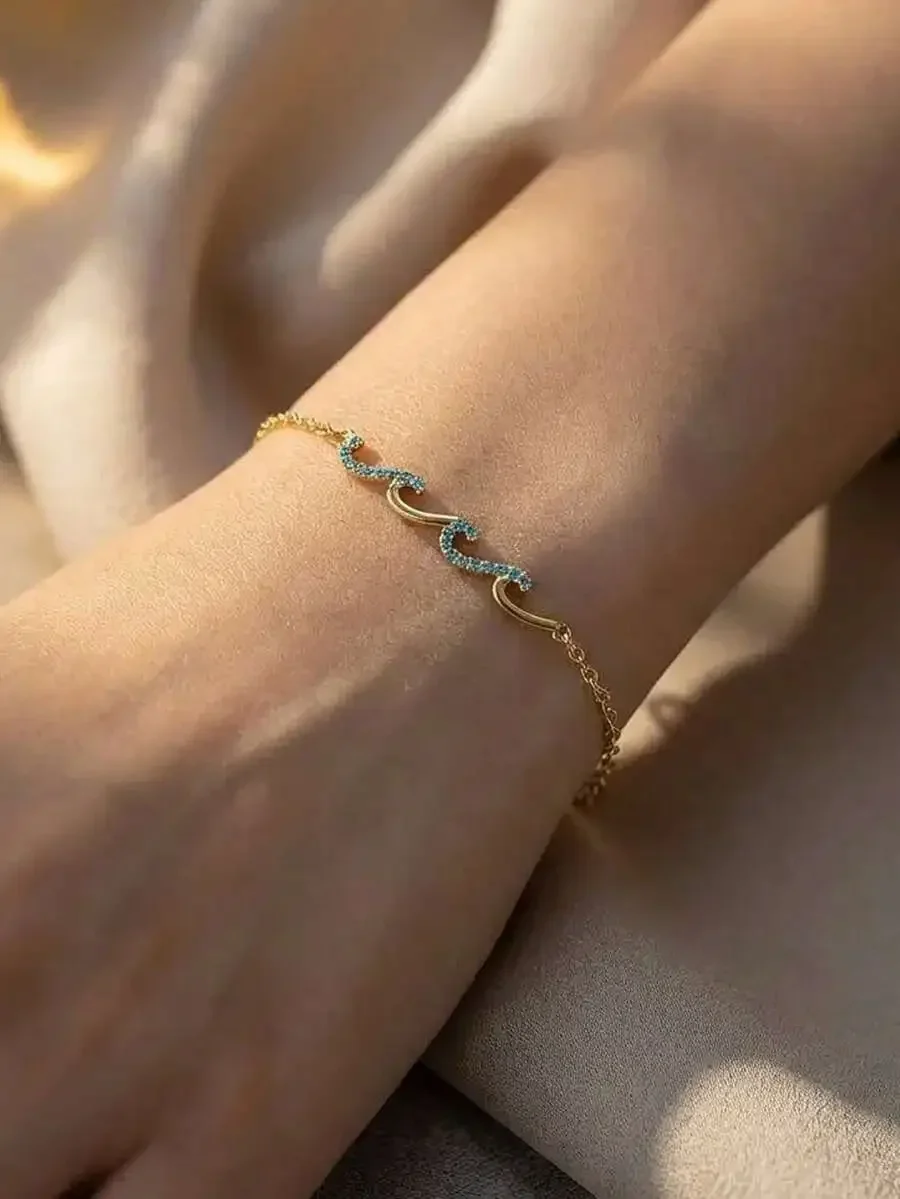 Minimalist Wave Pattern Bracelet With Blue Rhinestones, Chain Link Design, Summer Beach Fashion Jewelry For Women