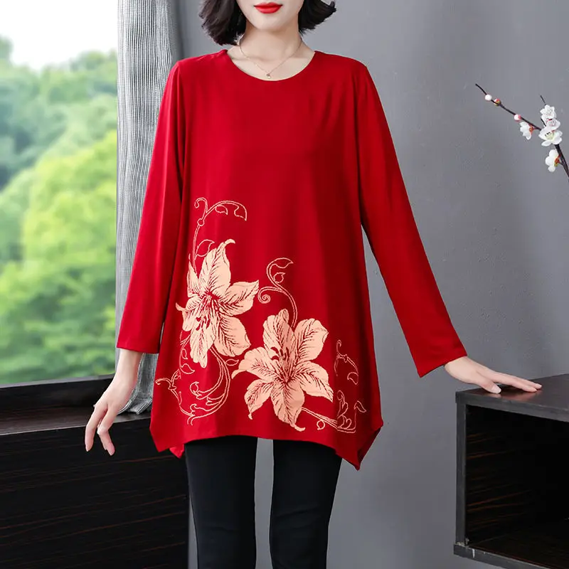 Casual Fashion Floral Printing Long Sleeve Tops Ladies 2023 New Spring Autumn Simple Round Neck Loose T-shirt Women\'s Clothing