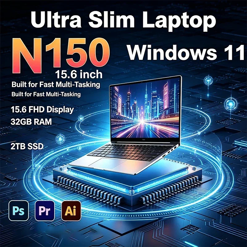 15.6 Inch HD Laptop120Hz Intel N150 32GB RAM 2TB SSD Backlit Keyboard Stable Battery for Gaming And Entertainment