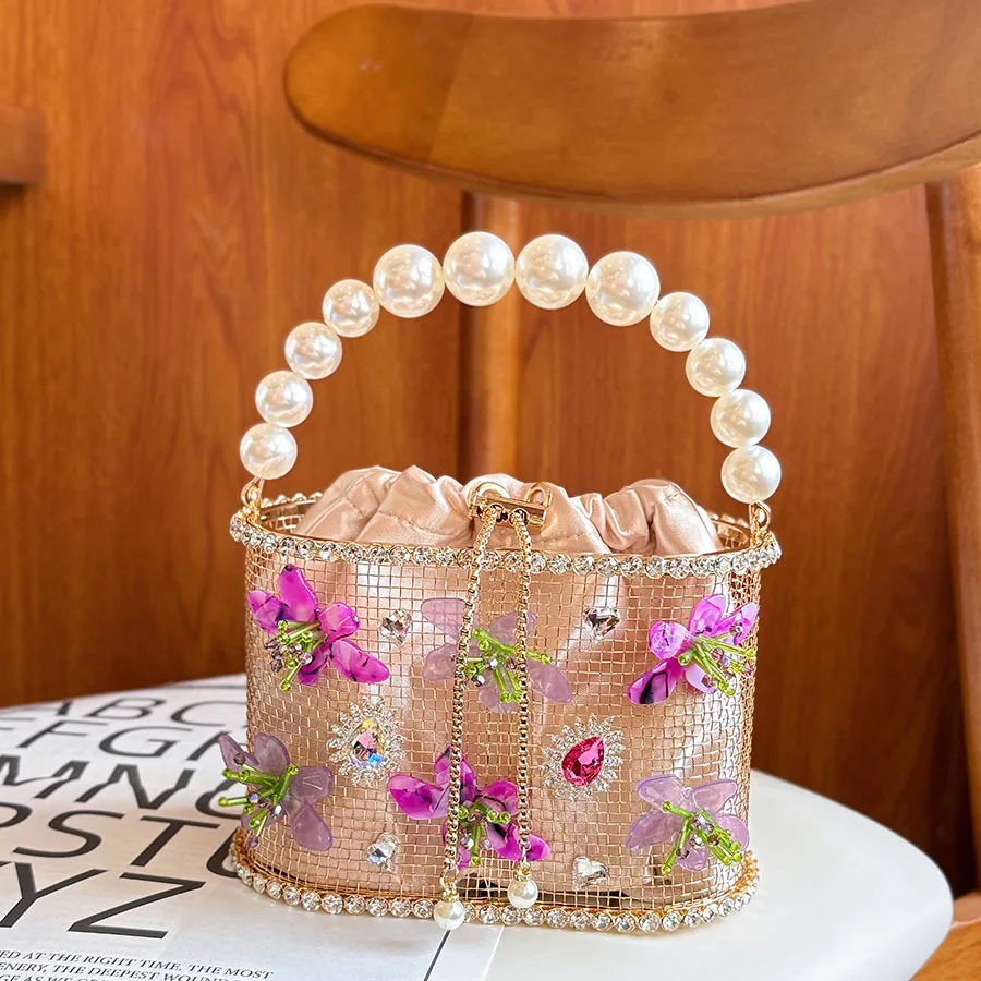 French Retro Metal Diamond-Encrusted Fresh Flower Pearl Vegetable Basket Bag Dinner Bag Bucket Messenger Bag