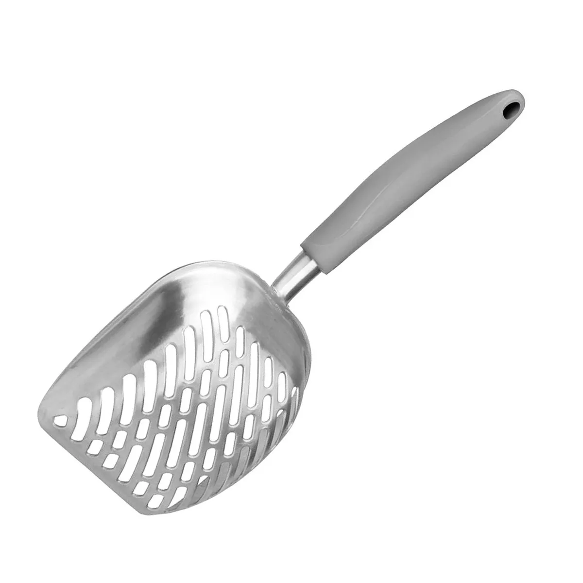 Heavy Duty Metal Cat Litter Scoop Long Handle Comfort Grip Non Bend Non Rust Scooper for Clumping Crystal Pellet Litter Grey