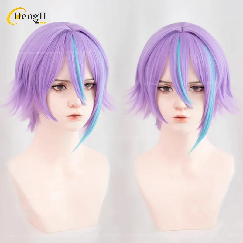 Kamishiro Rui Synthetic Hair Anime Short Purple Highlights Blue Cosplay Wig Earring Ear Heat Resistant Hair Halloween Party Wigs