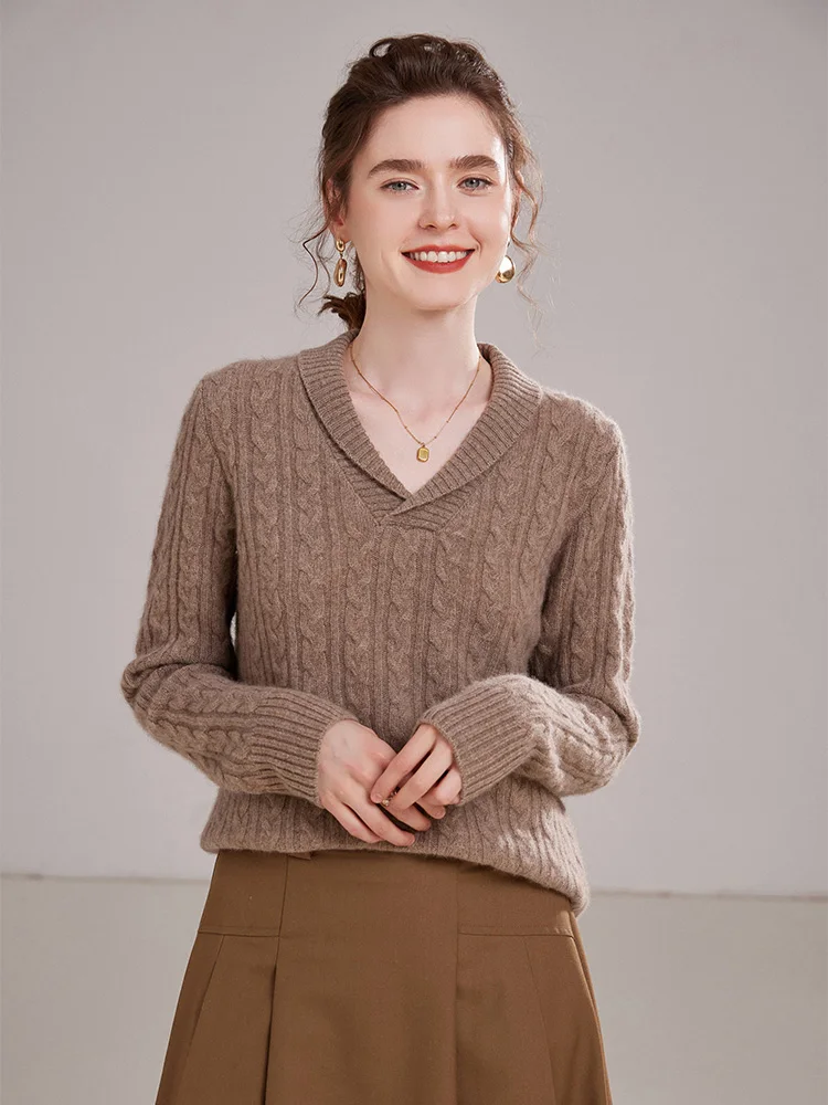 

Soft Comfort Autumn Winter 100% Pure Cashmere Pullover Sweater Women Lapel Collar Cable Knit Soild Elegant High Quality Tops