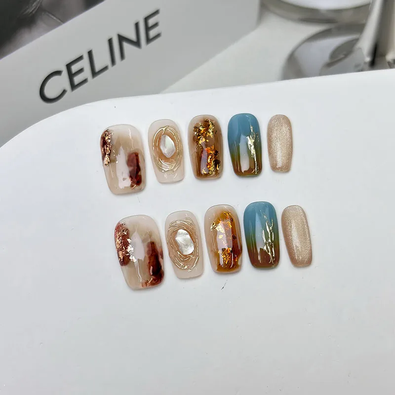 

10pcs Caramel Amber Wearable False Nails Short Handmade Glitter Fake Nail Simple Press on Nails Detachable Manicure Nail Tips