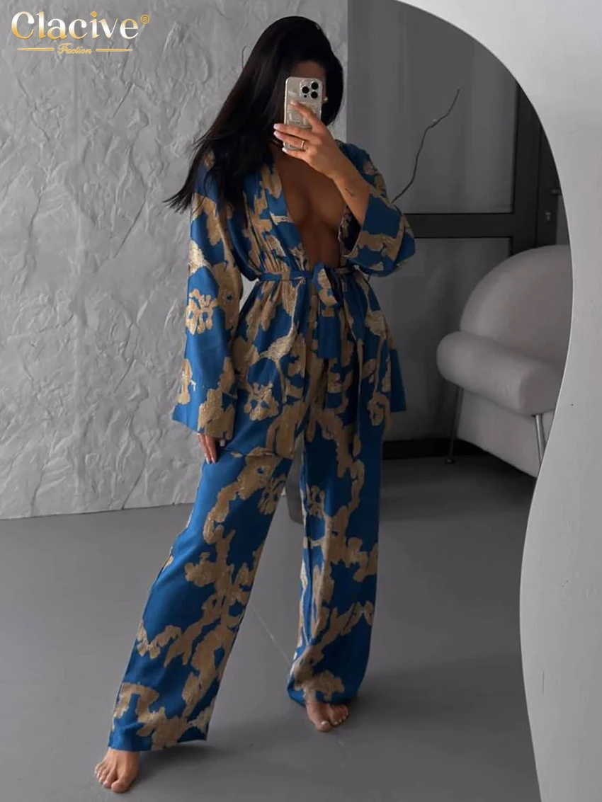 

Clacive Sexy Loose Print Trousers Set 2 Piece Woman Fashion Long Sleeve Robes With High Waist Wide Pants Set Female Clothing