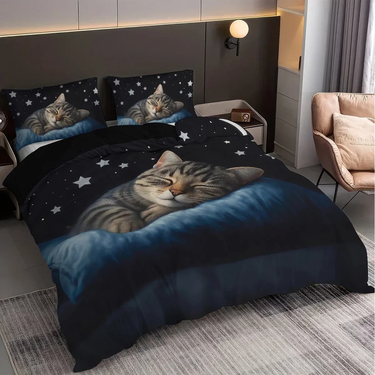 3pcs Sleeping Cat Pattern Printed Bedding Set, 1*Quilt Cover+2*Pillowcase, Suitable for King Bed, Single Bed for All Seasons