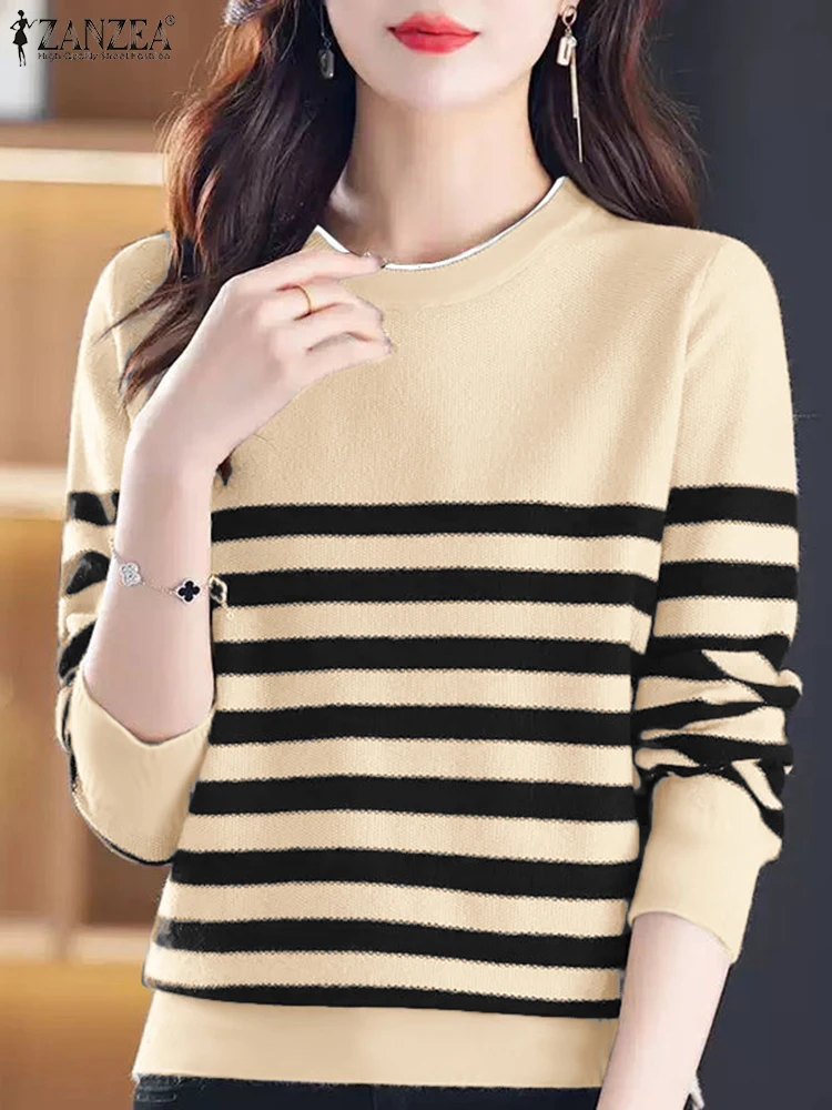 ZANZEA Fashion Elegant Knitted Work Blouses Women Spring Long Sleeve Striped Tops Tunic Femme  Holiday Shirt Autumn Loose Tees