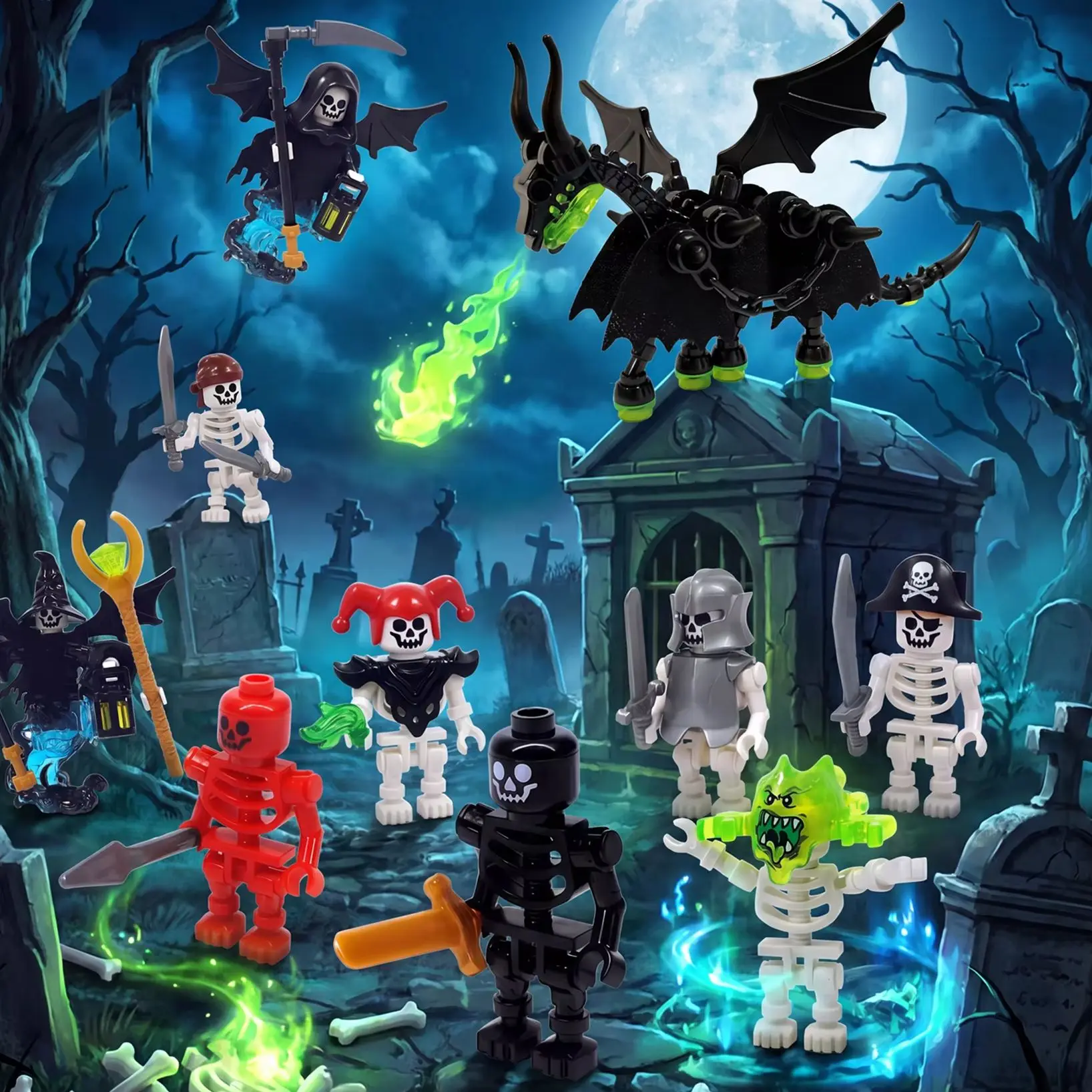 Modelo de Bloques de Construcción MOC con Temática de Halloween: Terrorífica Legión de Soldados Esqueletos, Guadaña de la Muerte, Caballo Esqueleto de Llama, Caballo Fantasma