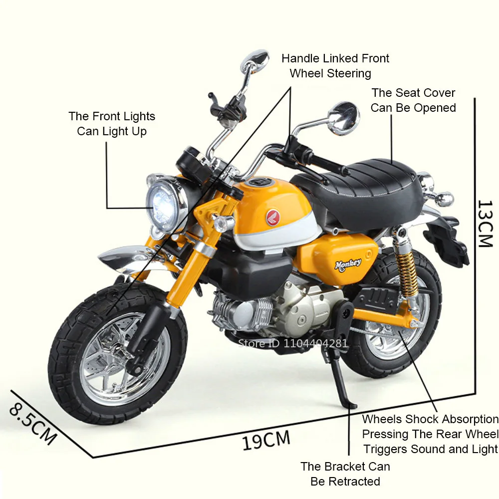 1:9 R NineT Honda Monkey motocicleta de aleación modelo fundido a presión juguetes sonido luz coche rueda delantera dirección motocicleta para niños regalo para adultos