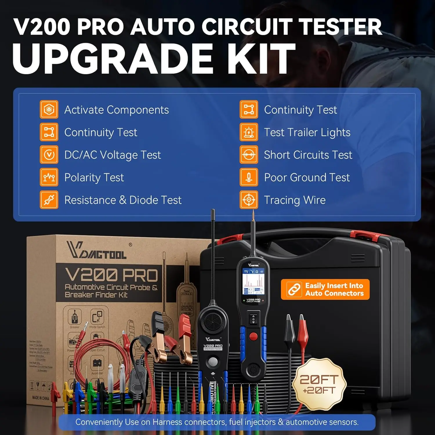 VDIAGTOOL V200 PRO Probador de sonda de circuito de alimentación automotriz con kit de sonda trasera de 30 piezas Buscador de cortocircuito abierto eléctrico de 12/24 V