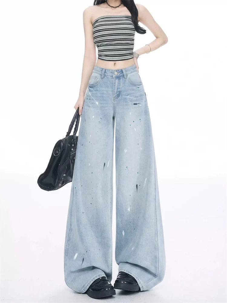 Light Blue Splash Ink Wide Leg Jeans Women Summer 2026 New Design High Waist Loose Floor-Length Denim Trousers