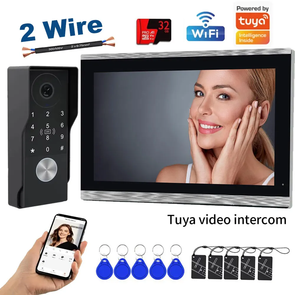 2-Wire 10inch / 7inch Video Door Phone with TUYA App IC Card PIN Unlock 5G Wifi Support 1080P Smart Video Intercom System New