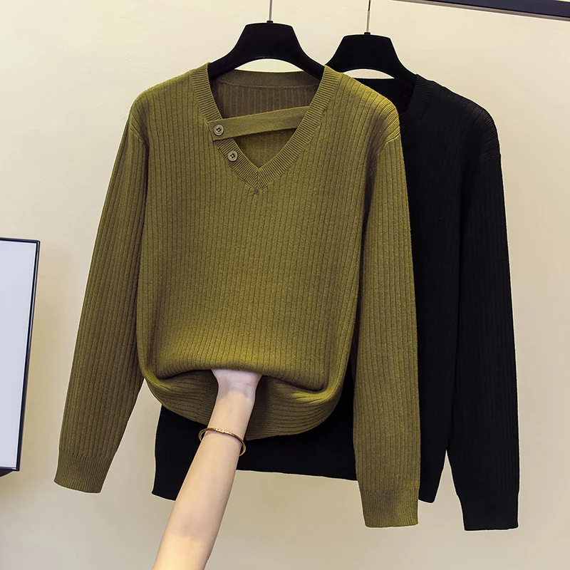 2023 Autumn Winter Women Solid Rib Knit V Neck Sexy Pull Sweater Femme Y2k Long Sleeve Pullover Jersey Tops Fashion Clothes