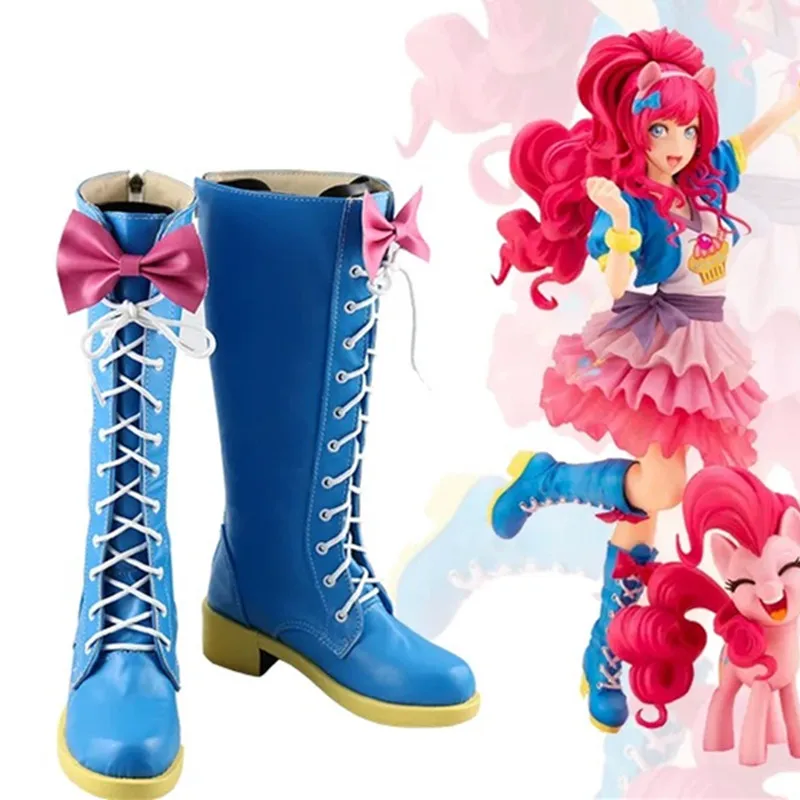 Różowe buty do cosplayu Pinkie Human, niebieskie, ręcznie robione, kostiumowe buty komiksowe
