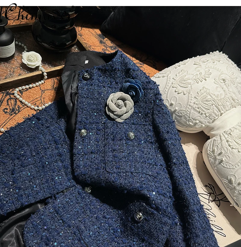 

High-End Fashion 3D Flower Shiny Silk Wool Tweed Short Coat Women Autumn and Winter New Heavy Long Sleeve Padded Slimming Blazer