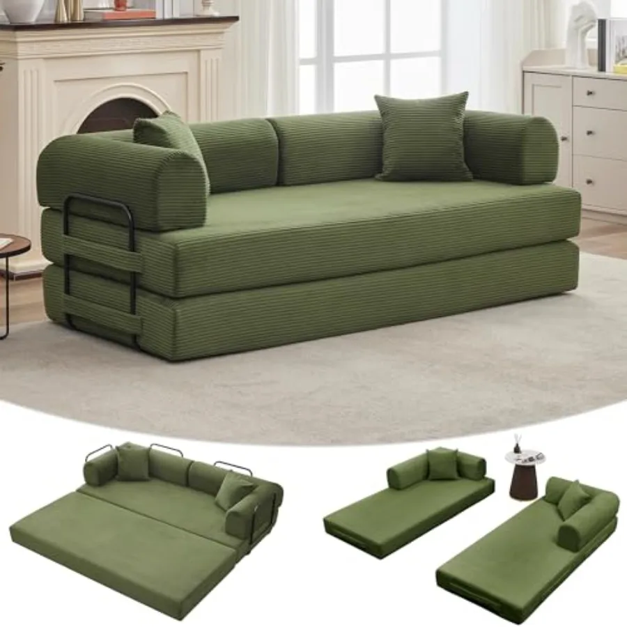 

79 Convertible Sleeper Sofa Bed Couch for Living Room Apartments, Corduroy Fabric, Green, No Assembly Required, 4-in-1 Folding