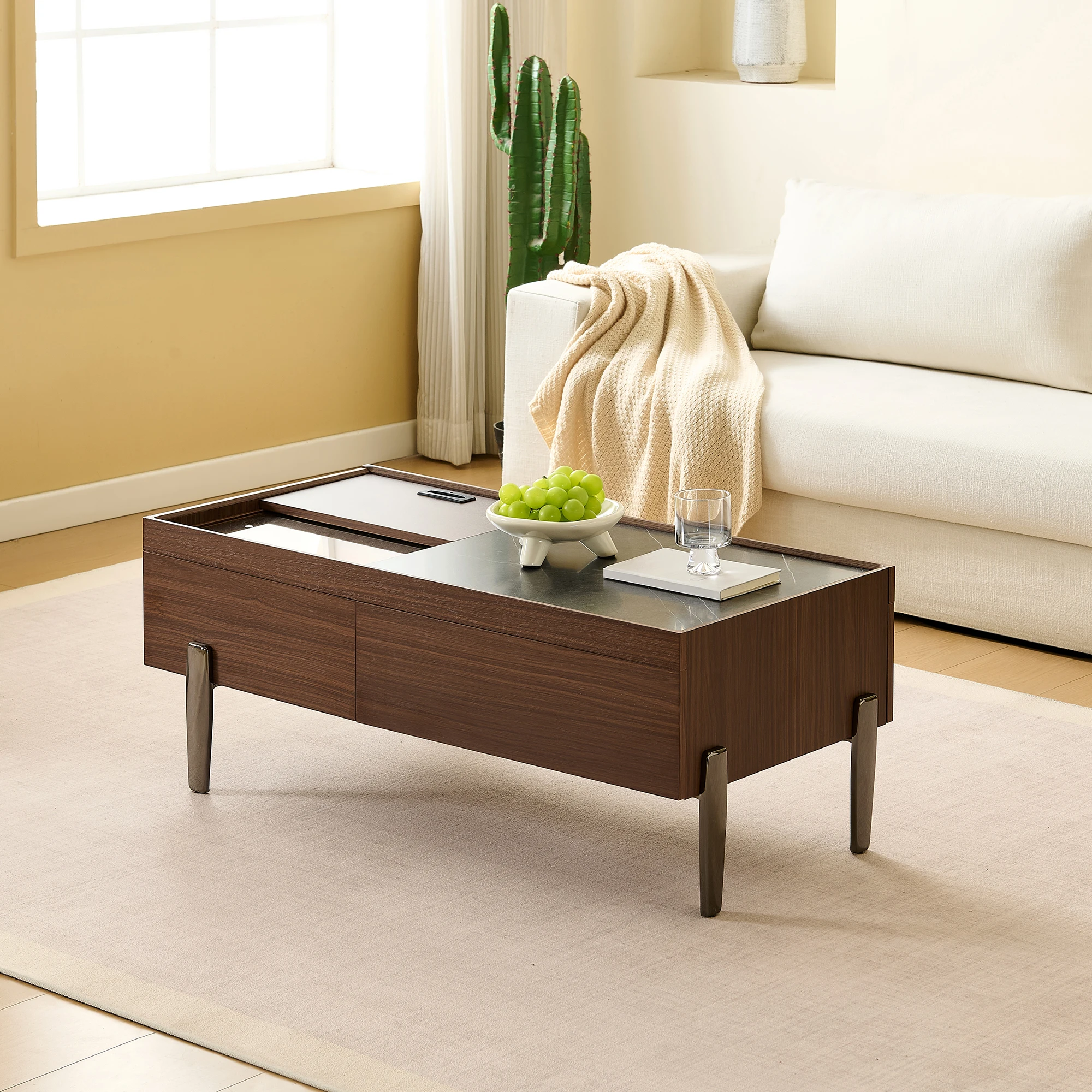 Table basse avec tiroirs et plateau coulissant - Plateau en verre, pieds en métal, MDF brun foncé 105 × 50 × 41,5 cm