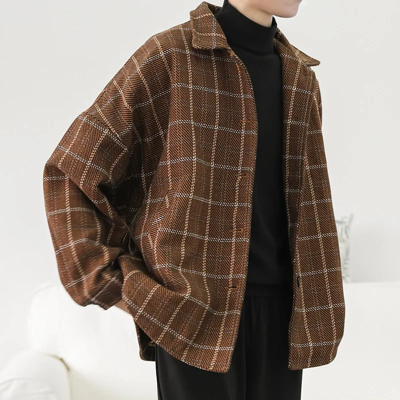 

Мужское утепленное зимнее пальто из твида, свободного кроя, в клетку, молодежное, в корейском и гонконгском стиле, модная верхняя одежда для студентов