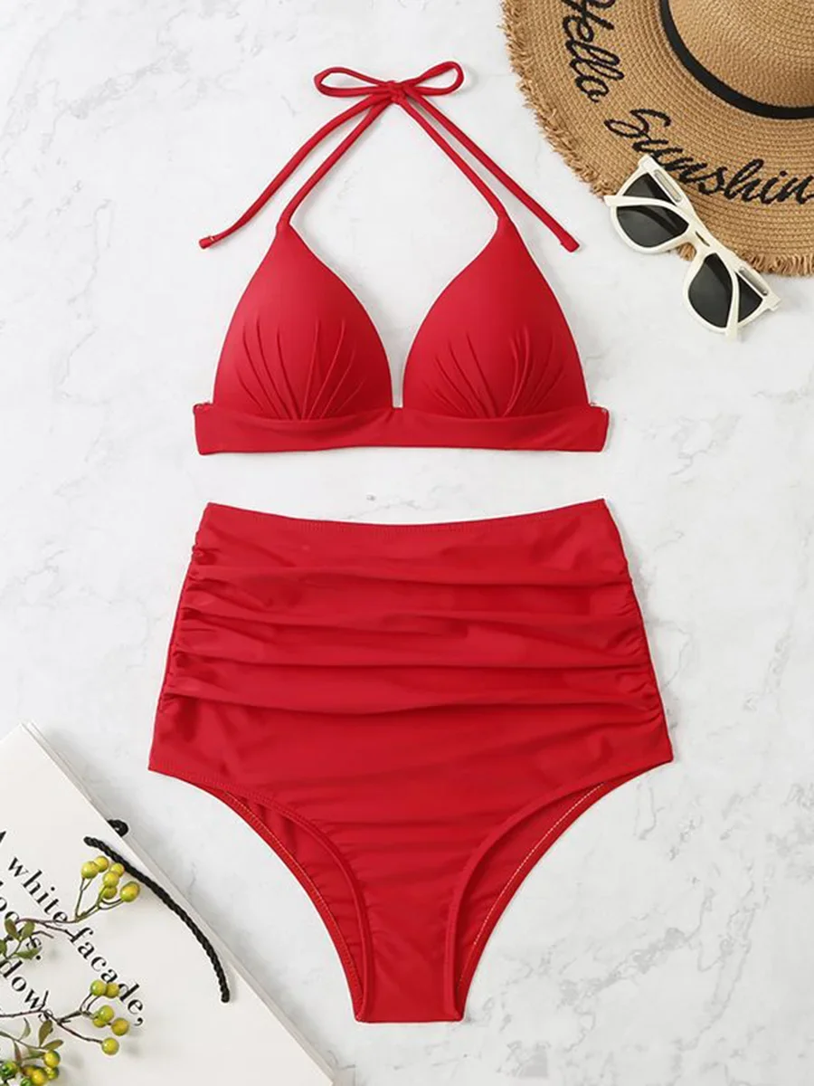 Bikinis triangulares 2024, traje de baño Push Up para mujer, traje de baño sólido Sexy de cintura alta, traje de baño para mujer, ropa de playa de verano