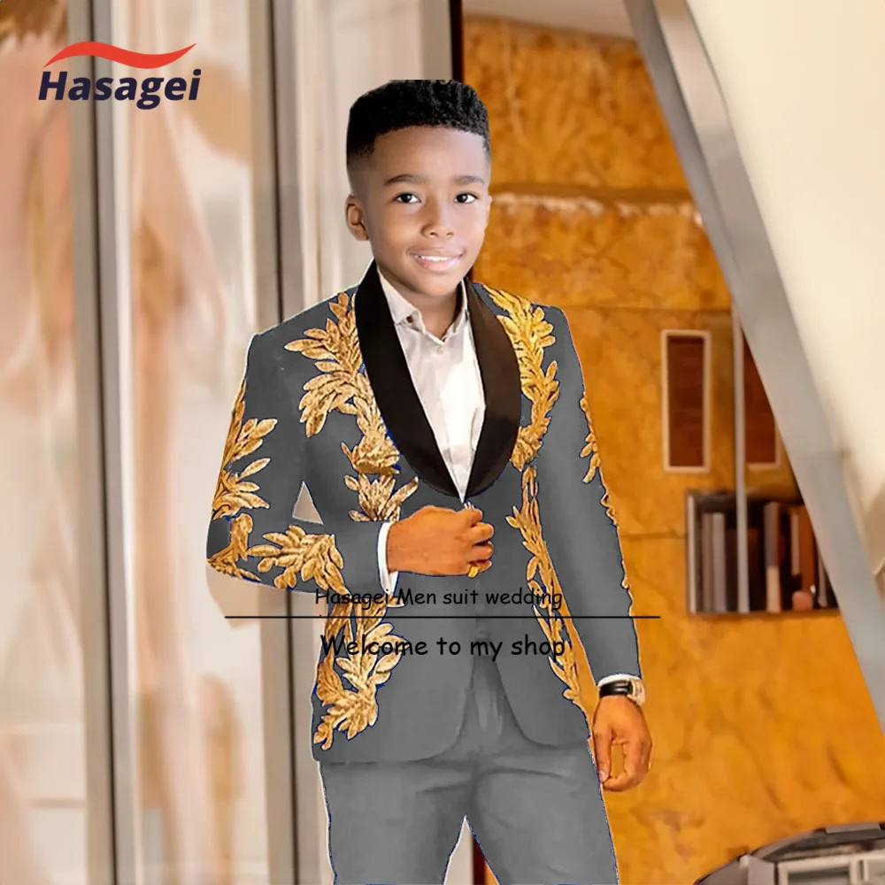 Smoking Boys Gold Appliques Suit, ternos de casamento para crianças, socks formais finos, lantejoulas, feitos sob medida, bonito, 2 peças