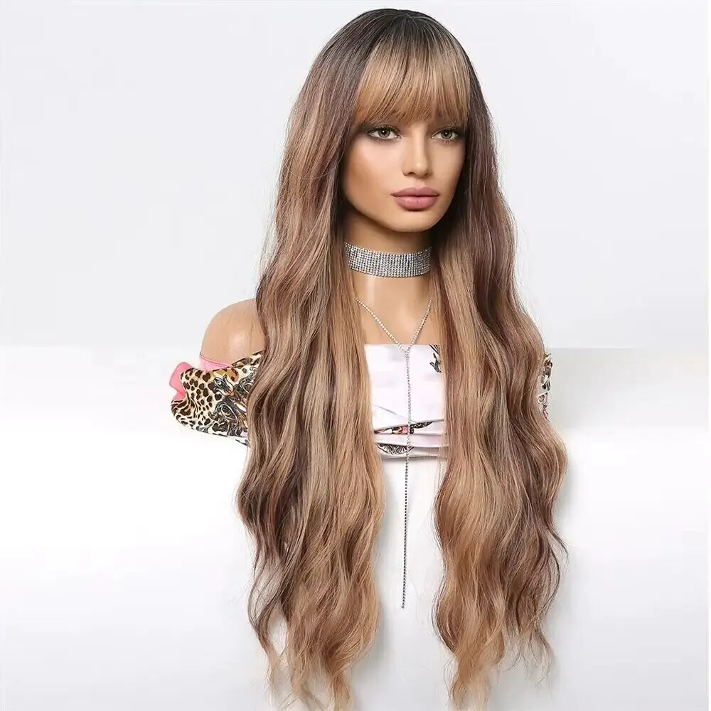 

Best - selling Long Wavy Brown Highlight Synthetic Wig with Bangs & Ombre