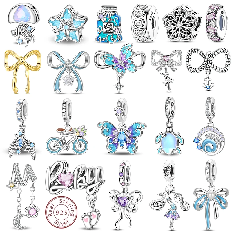 

New Original 925 Sterling Silver Beaded Bow Charm Blue Beads for Women Exquisite DIY Birthday Jewelry Gifts