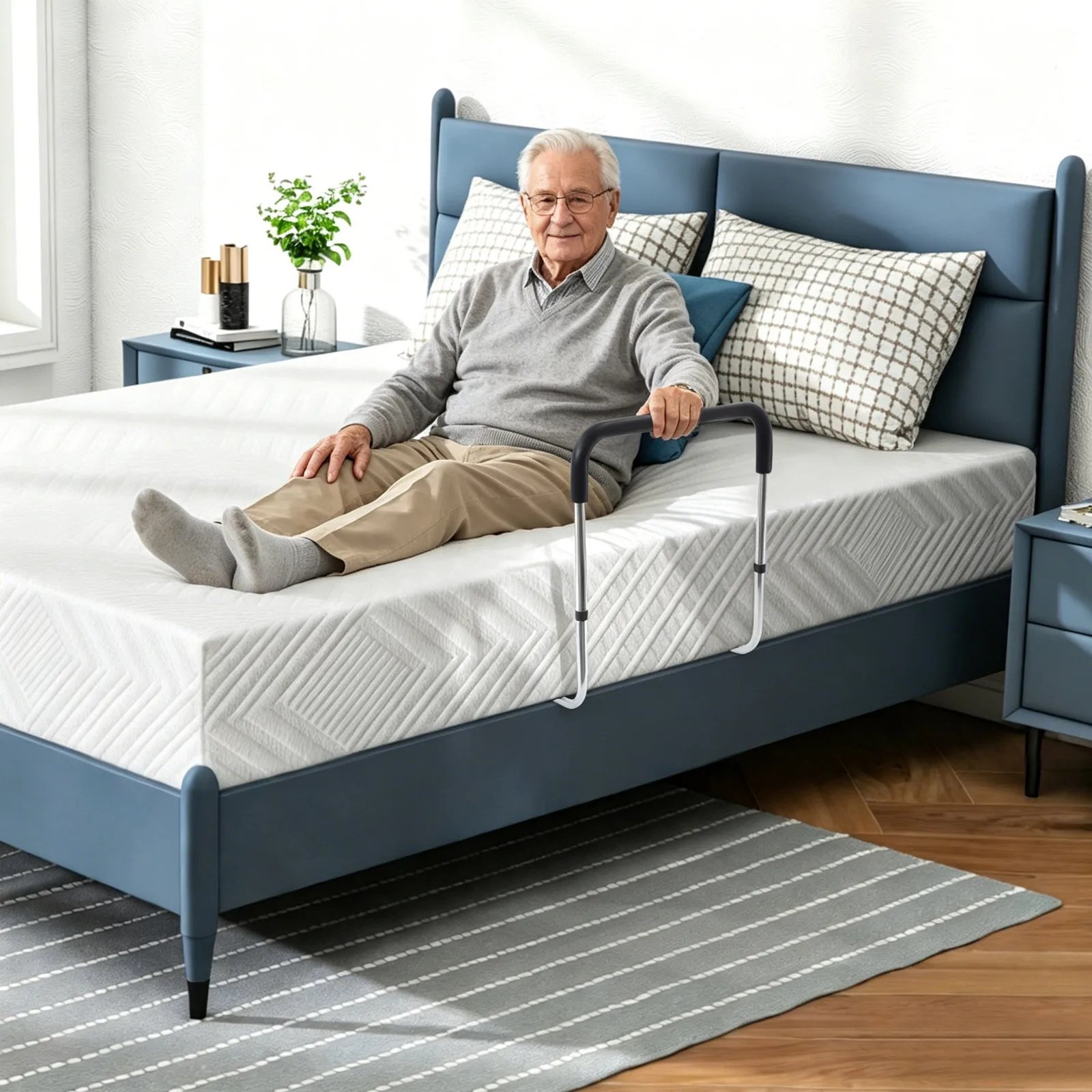 Barre d'appui réglable en hauteur pour lit, capacité 136 kg, en acier haute teneur en carbone, avec poignée en mousse antidérapante, barrière de sécurité anti-chute, installation sans outil avec sangle de fixation, aide à la mobilité et à la sécurité pour les personnes âgées, les femmes enceintes, les personnes post-opératoires et les personnes handicapées, compatible avec tous les lits et matelas.