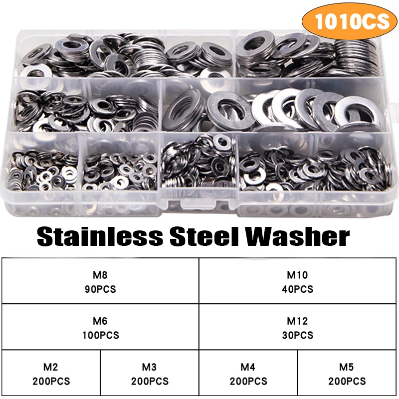 

1010pcs Stainless Steel Washer M2 M3 M4 M5 M6 M8 M10 M12 Flat Washers Ring Plain Washer Gaskets Assortment Kit for Sump Plugs