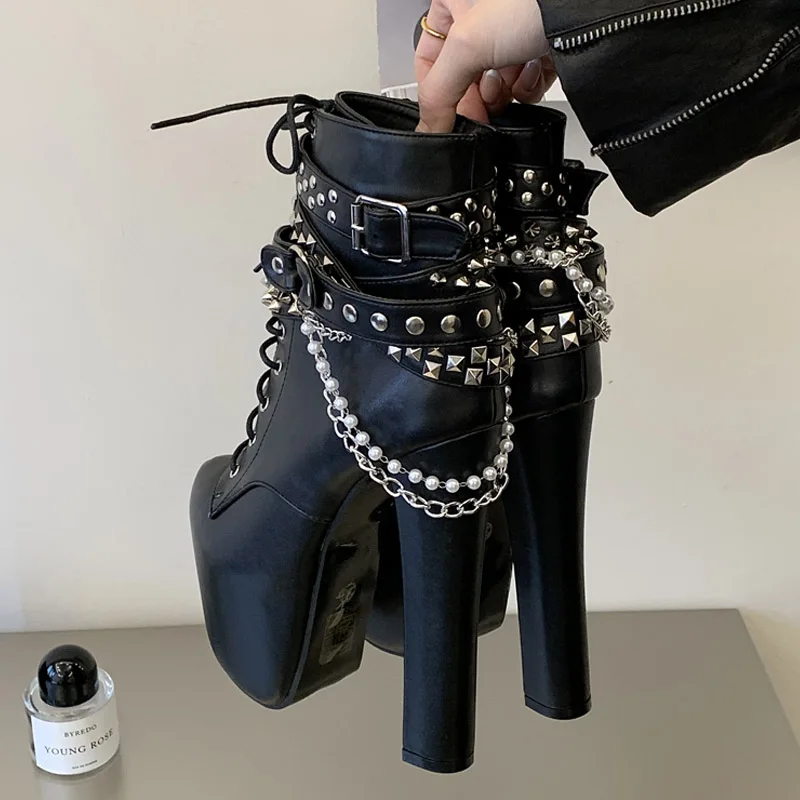 Eilyken Silver Chain Belt Buckle Platform Women Boots Fashion Chunky High Heels Round Toe Nightclub Zipper Shoes - view 4
