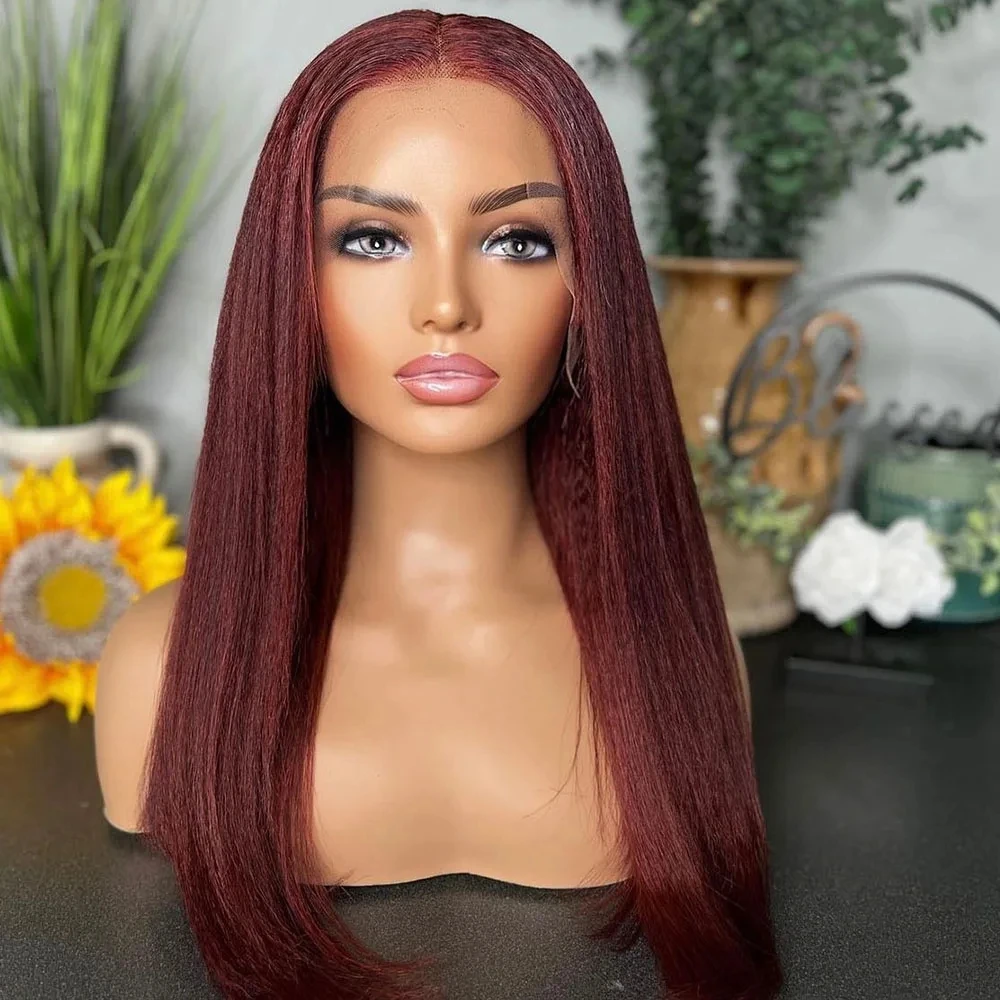 Yaki Kinky Straight Burgundy 99J Red Synthetic Lace Front Wig For Black Women Baby Hair Soft Glueless Preplucked Heat Resistant