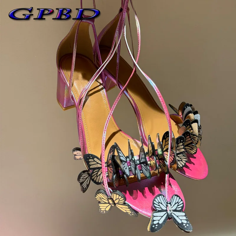 GPBD Designer Handmade Real Leather Sandal For Woman Best Quality Ankle Strap Women Sandals butterfly High Heels Wedding Party