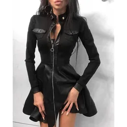 Autumn Commuter Long Sleeved Women's PU Leather Dress Standing Neck Zipper Pocket Dress Solid Color and Printed Tunic Dress