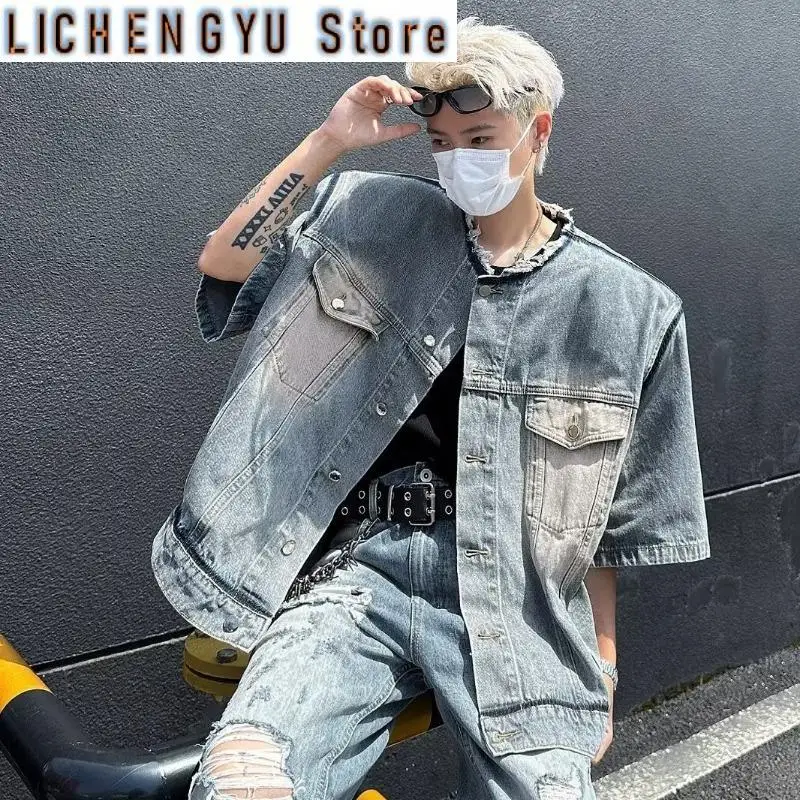 

Американская джинсовая куртка с градиентом цвета в стиле ретро, мужская стираная модная свободная куртка с воротником-стойкой, красивое повседневное пальто