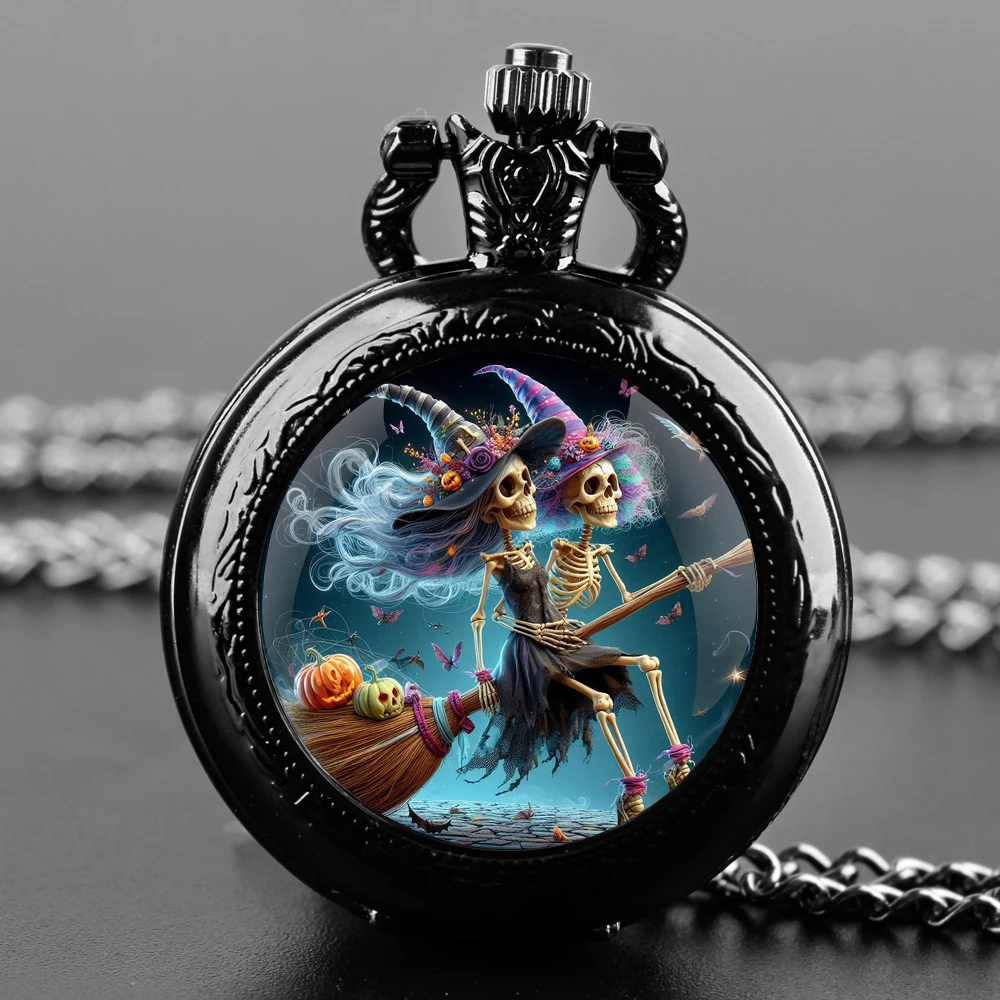 Orologio da tasca al quarzo nero con cupola in vetro per scope da equitazione, con quadrante con numeri arabi e catena resistente, regalo per uomini e donne