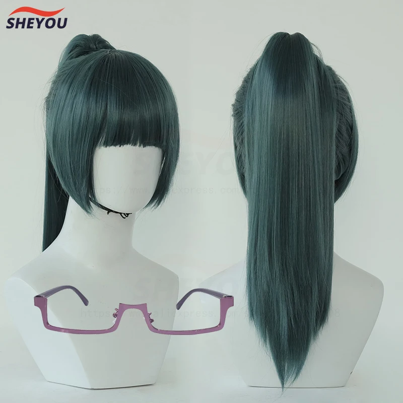 Pelucas de Cosplay de Anime Maki Zenin, cola de caballo verde oscuro, peluca de pelo sintético resistente al calor + gorro de peluca + gafas