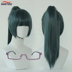 Maki Zenin Cosplay Peruca com Boné e Óculos, Cabelo Sintético, Rabo de Cavalo Verde Escuro, Resistente Ao Calor, Perucas Anime