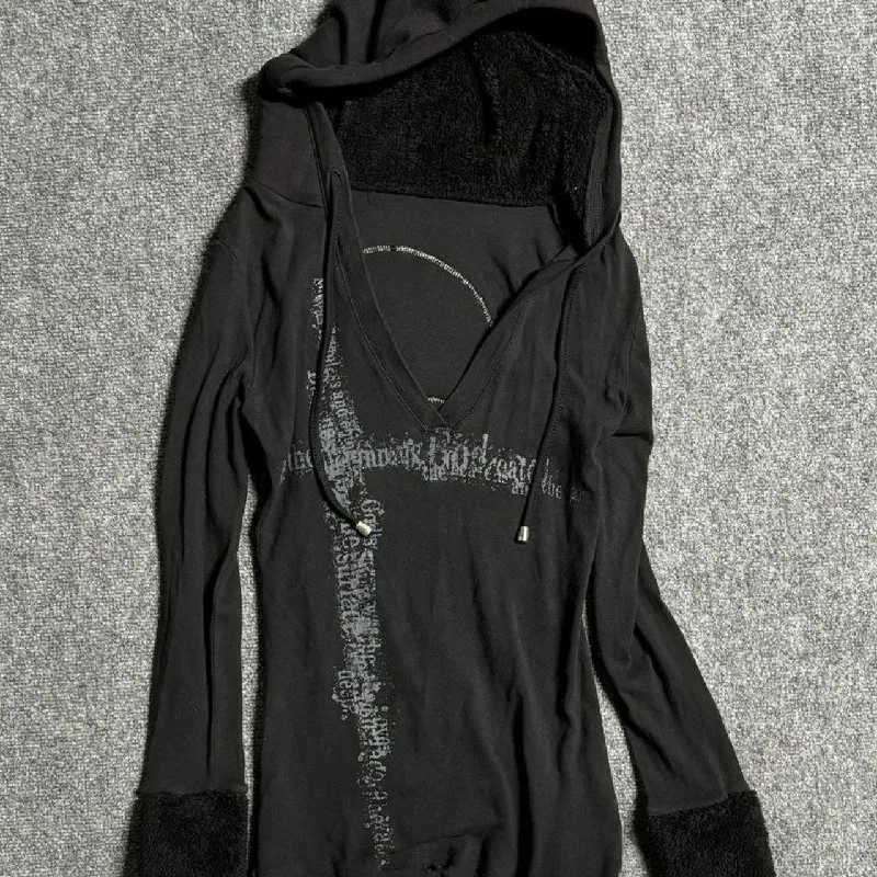 Deeptown Y2k Black Vintage Printed Hoodies Women V Neck Long Sleeve American Fashion Hooded Sweatshirt Streetwear Hip Hop Spring