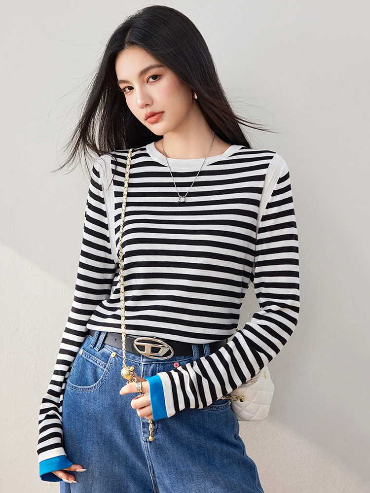 Stripe Knitted Sweater Women 2024 Autumn Winter Loose Casual Pullovers Female Temperament Long-sleeved Round Neck Tops