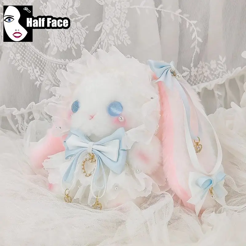 Y2K Spicy Girls Harajuku Gothic Womens Punk One Shoulder Lolita Rabbit Plush Cute Lace Bow Furry Pearl Chain Crossbody Bags Tote