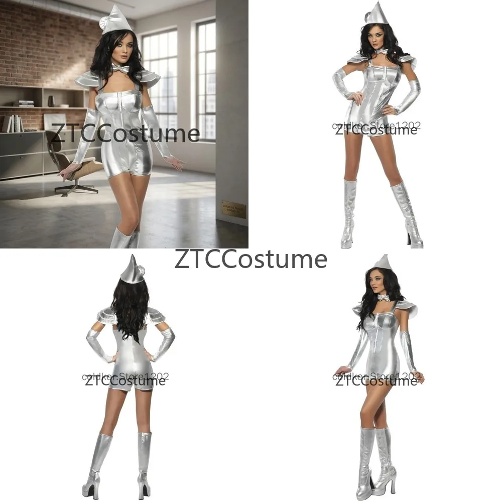 

Sexy Silver Tin Man Cosplay Costume for Women with Accessories Halloween Party Rave Outfit