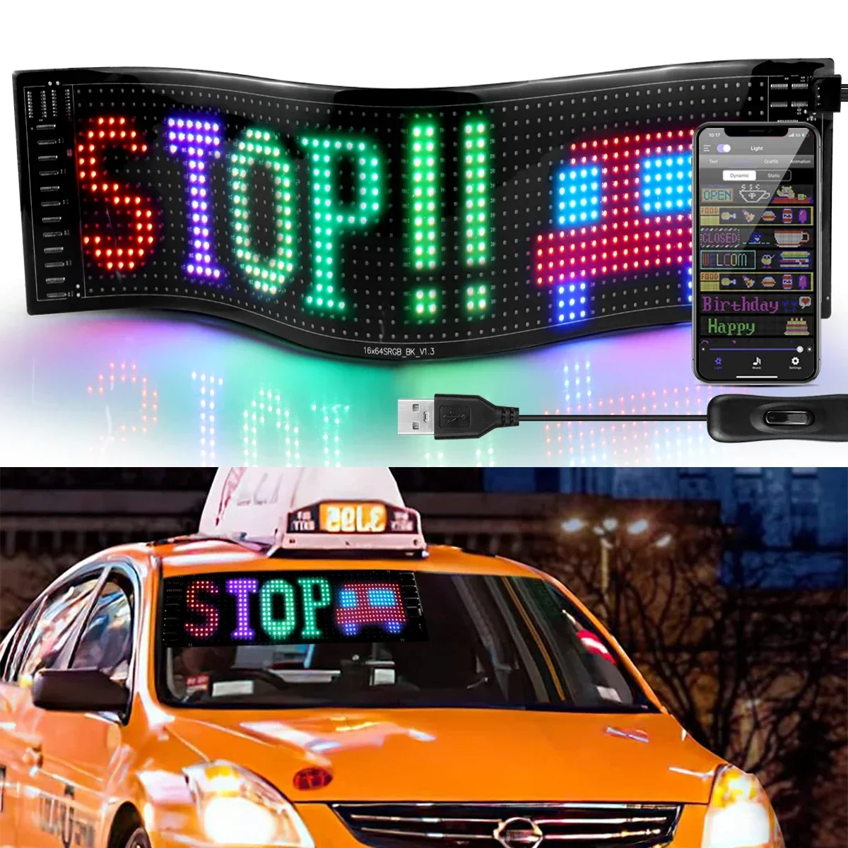 carro led scrolling screen com block display animacao sinal de publicidade bluetooth programavel pixel light padrao de texto usb 5v 01